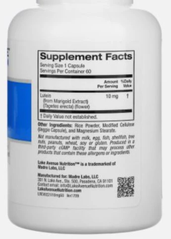 Лютеїн Lutein, 10 mg, 60 Veggie Capsules Lake Avenue Nutrition (254522475)