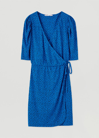 Синее кэжуал платье на запах Pull & Bear в горошек