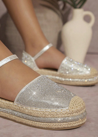 Срібні еспадрилі SHEIN колор блок стрази, джут (322813007)