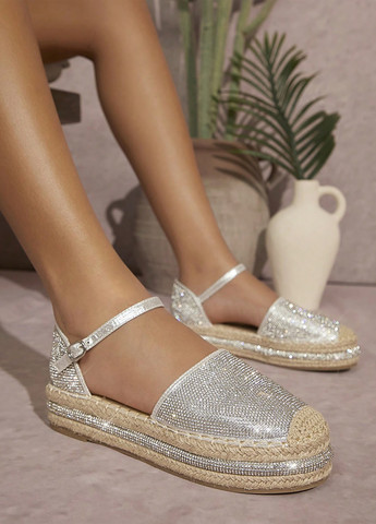Срібні еспадрилі SHEIN колор блок стрази, джут (322813007)