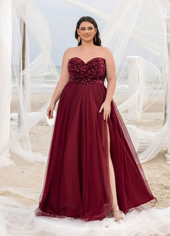 Бордовое вечернее платье пачка SHEIN однотонное