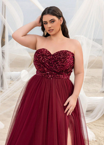 Бордовое вечернее платье пачка SHEIN однотонное