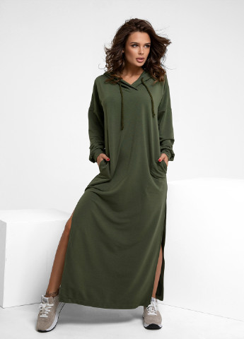 Оливковое (хаки) кэжуал платье платье-худи ISSA PLUS однотонное