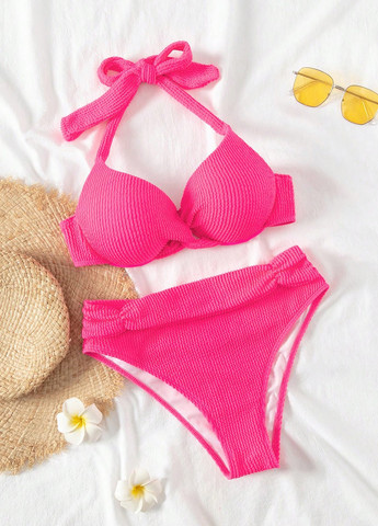 Фуксиновый летний купальник (лиф, трусики) халтер, раздельный SHEIN