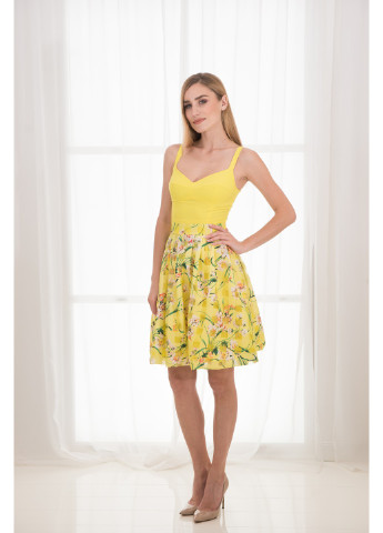 Желтое повседневный платье наоми клеш, с открытой спиной, с открытыми плечами, баллон BYURSE с цветочным принтом