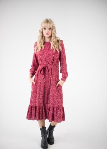 Бордовое кэжуал платье из штапеля колокол BeART с абстрактным узором