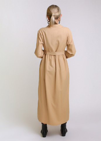 Бежевое кэжуал платье-рубашка длинное с поясом MIX RAY однотонное