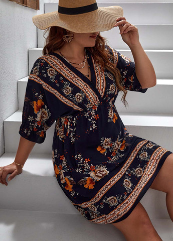 Темно-синя кежуал сукня в стилі армпір SHEIN з орнаментом