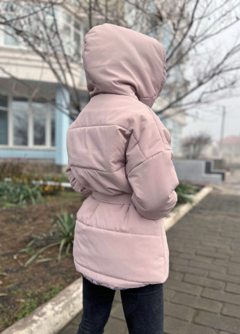 Пудровая зимняя женская куртка с поясом Hand Made
