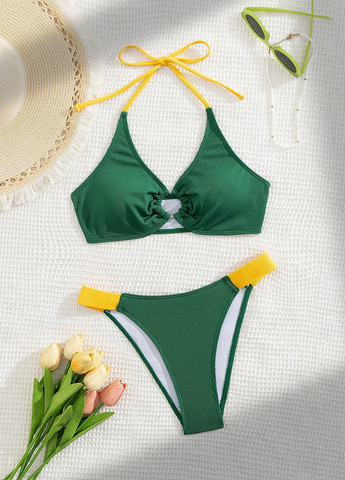 Темно-зеленый летний купальник (лиф, трусики) топ, раздельный SHEIN