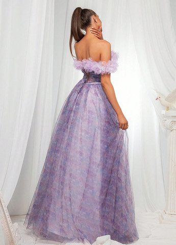 Светло-фиолетовое праздничный, вечернее платье клеш, с открытой спиной, с открытыми плечами SHEIN с абстрактным узором