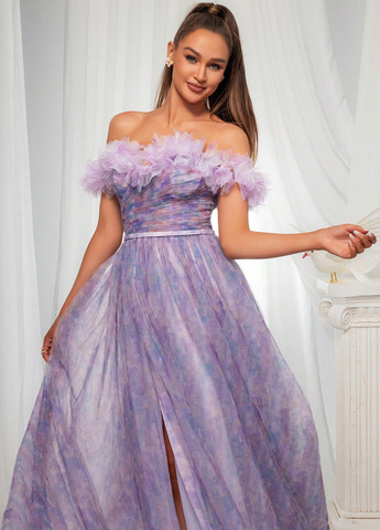 Светло-фиолетовое праздничный, вечернее платье клеш, с открытой спиной, с открытыми плечами SHEIN с абстрактным узором