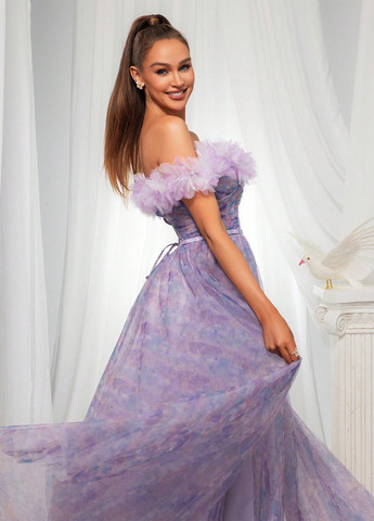 Светло-фиолетовое праздничный, вечернее платье клеш, с открытой спиной, с открытыми плечами SHEIN с абстрактным узором