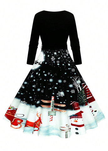Черное кэжуал платье с юбкой-солнце SHEIN с новогодним принтом