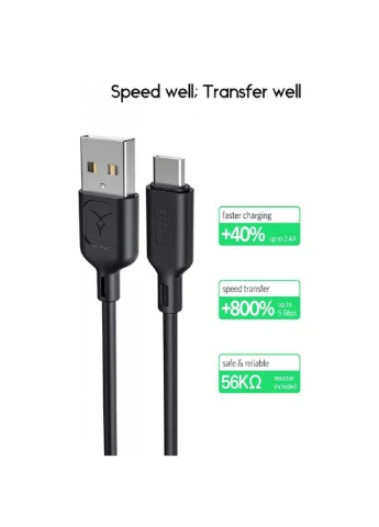 Дата кабель (T-C829 Black) T-PHOX USB 2.0 AM to Type-C 1.2m Fast T-C829 Black (239382931)