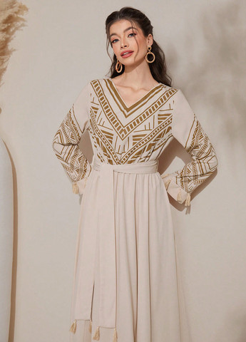 Бежева святковий, кежуал сукня кльош SHEIN з геометричним візерунком