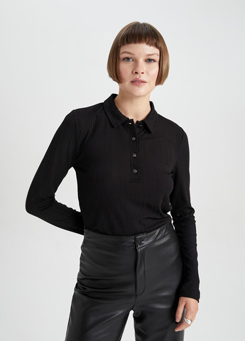 Черная женская футболка-поло DeFacto однотонная