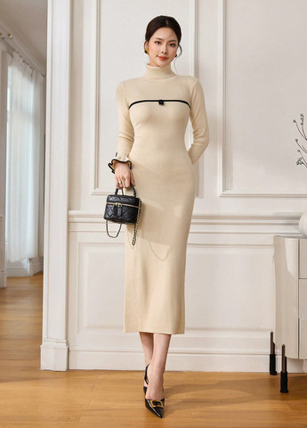 Бежевое кэжуал платье платье-свитер, футляр SHEIN однотонное