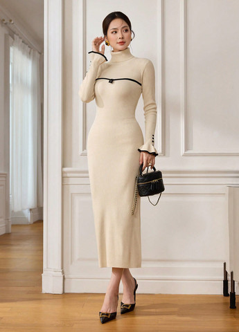 Бежевое кэжуал платье платье-свитер, футляр SHEIN однотонное