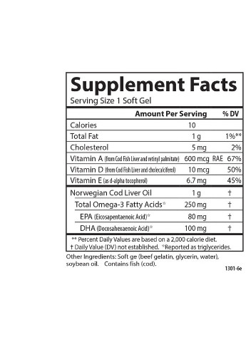 Cod Liver Oil Gems 1000 mg 100 Soft Gels Carlson Labs (256380107)