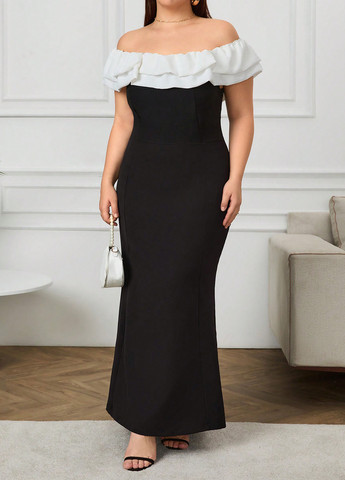 Чорно-білий вечірня сукня з відкритими плечима SHEIN колор блок