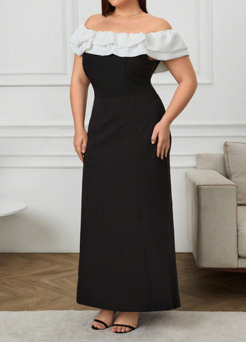 Чорно-білий вечірня сукня з відкритими плечима SHEIN колор блок