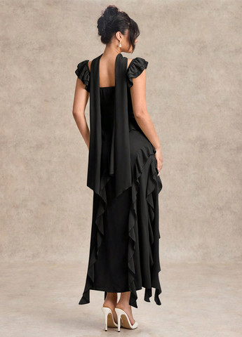 Черное вечернее платье силуэтная, клеш SHEIN однотонное