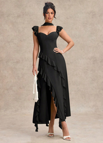 Черное вечернее платье силуэтная, клеш SHEIN однотонное