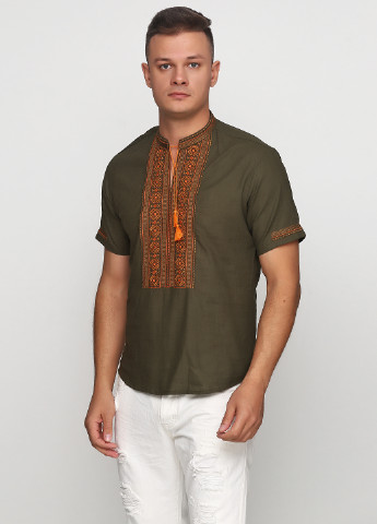 Вышиванка ЕтноМодерн Рубашка с длинным рукавом орнамент оливковая кэжуал