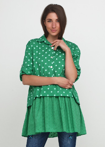 Блуза L&N Moda з довгим рукавом горошок зелена кежуал