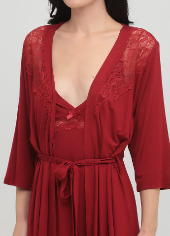 Темно-червоний демісезонний комплект (нічна сорочка, халат) Cotpark
