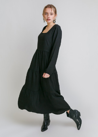 Черное кэжуал длинное платье с объемными рукавами Crep однотонное