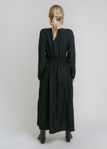 Черное кэжуал длинное платье с объемными рукавами Crep однотонное