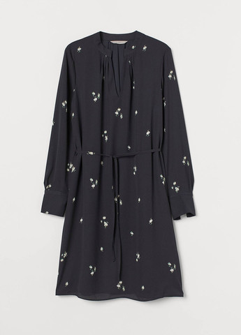 Черное кэжуал платье а-силуэт H&M с цветочным принтом