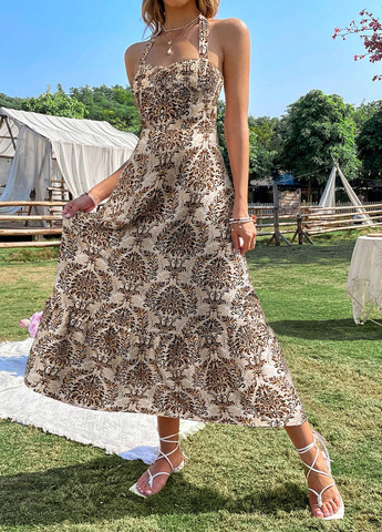 Світло-коричнева кежуал сукня кльош, з відкритою спиною SHEIN з орнаментом