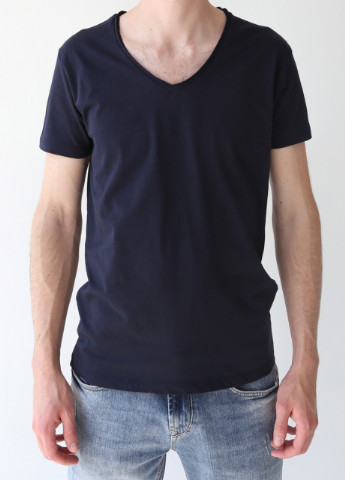 Темно-синяя футболка мужская темно-синяя с v-образным вырезом хлопковая база с коротким рукавом Wolee Прямая