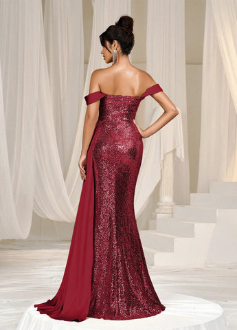 Бордова вечірня сукня з відкритими плечима SHEIN однотонна