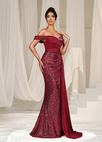 Бордова вечірня сукня з відкритими плечима SHEIN однотонна