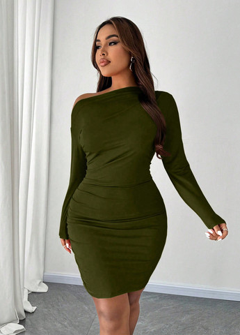 Оливковое (хаки) кэжуал платье силуэтная SHEIN однотонное