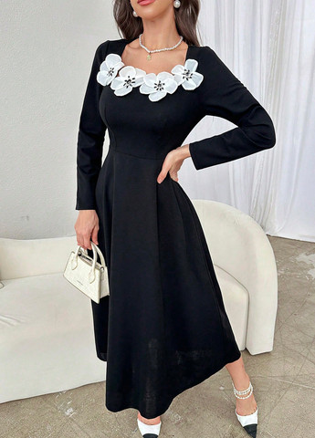 Чорна кежуал сукня з пишною спідницею SHEIN однотонна