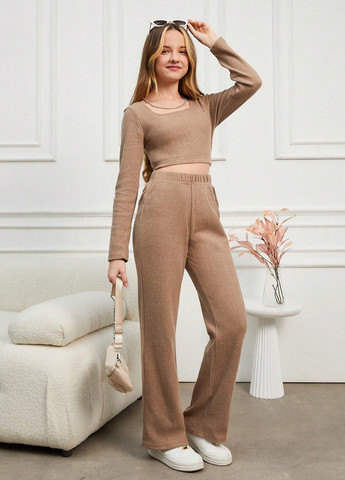 Коричневый летний костюм (топ, брюки) SHEIN