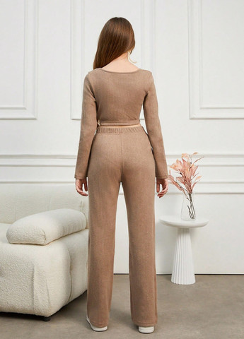 Коричневый летний костюм (топ, брюки) SHEIN