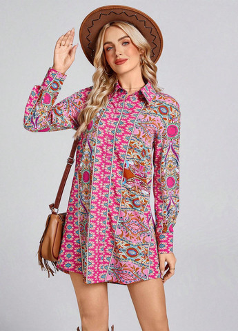 Розовое кэжуал платье рубашка SHEIN с цветочным принтом