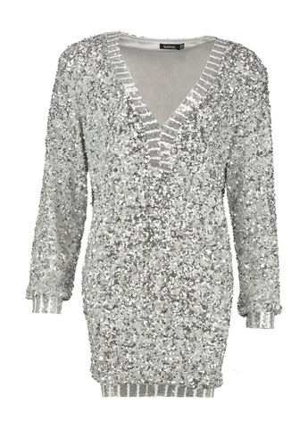 Серое коктейльное, вечернее, праздничный платье платье-свитер Boohoo однотонное