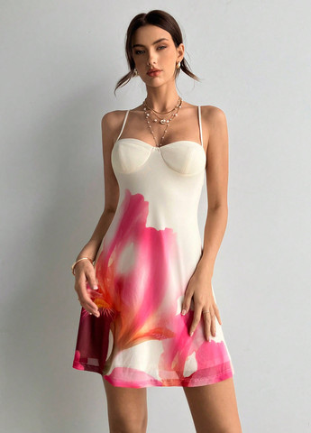 Кремова святковий, кежуал сукня з відкритими плечима, з відкритою спиною SHEIN з квітковим принтом