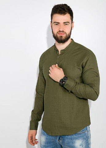 Оливковковая (хаки) кэжуал рубашка однотонная Time of Style с длинным рукавом