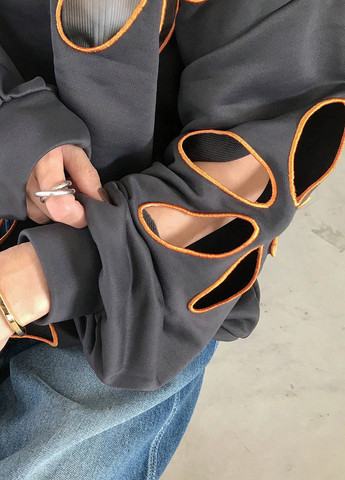 Сірий світшот SHEIN квітковий з вирізами, вишивка рішельє (366268927)