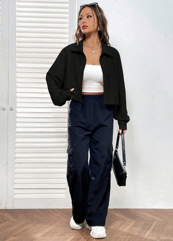 Черная кэжуал рубашка однотонная SHEIN