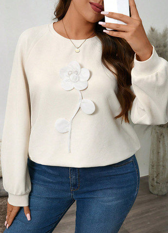 Светло-бежевый свитшот SHEIN однотонный бусины, аппликация (332312839)