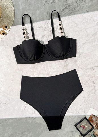 Черный летний купальник (лиф, трусики) балконет, раздельный SHEIN